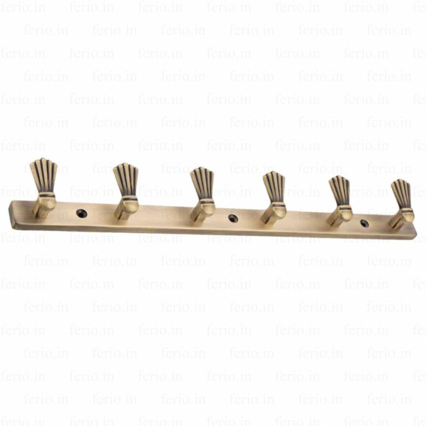 Ferio 6 Pin Bathroom Cloth Hooks, Zinc Alloy Door Hanger, Wall Hooks Rail for Hanging Clothes and Keys, Bedroom Robe Hooks Brass Antique (Pack Of 1)